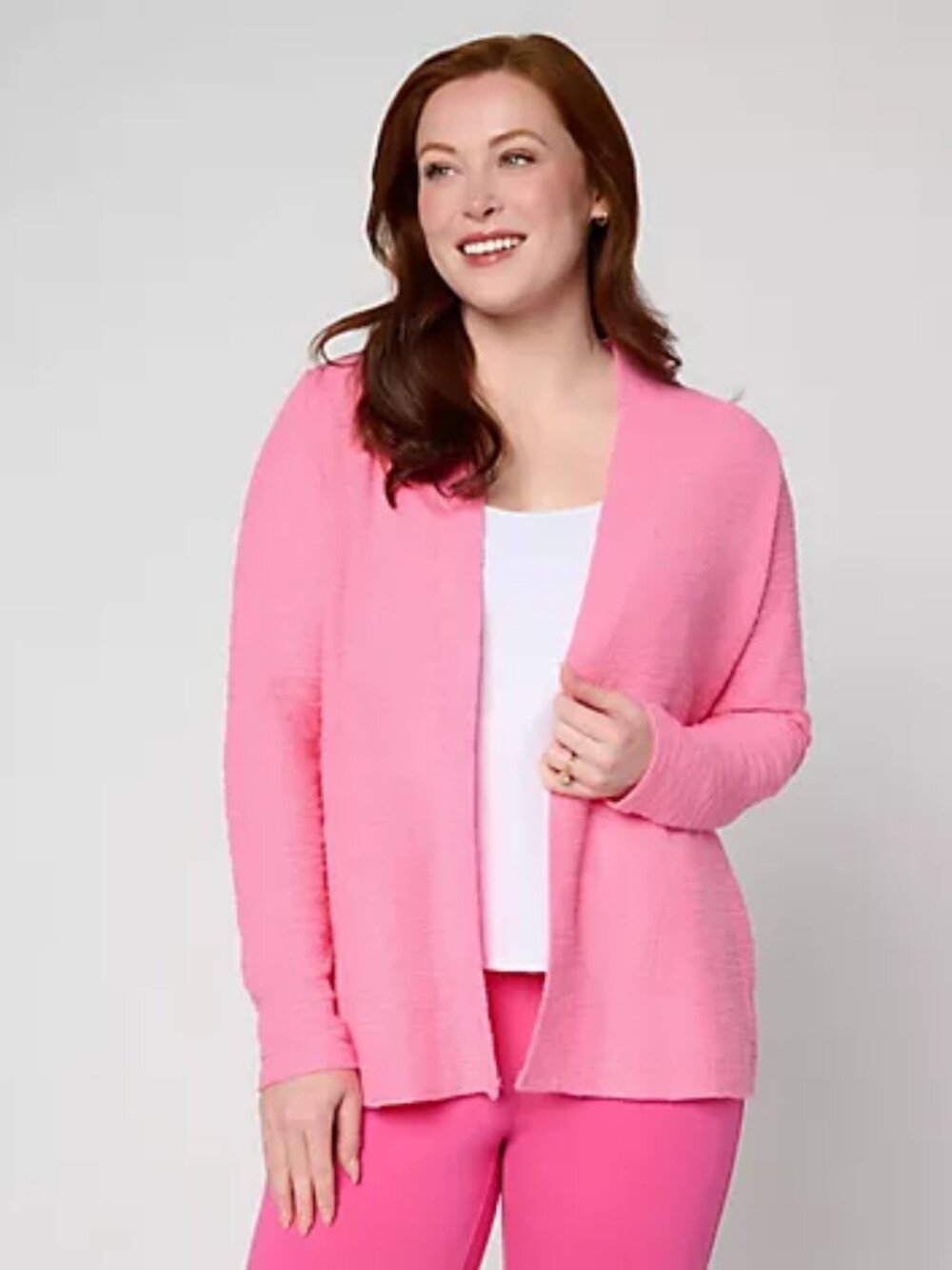 Belle by Kim Gravel Sweatshirt Slub Open Front Long Cardigan, Pink Sz S a721072